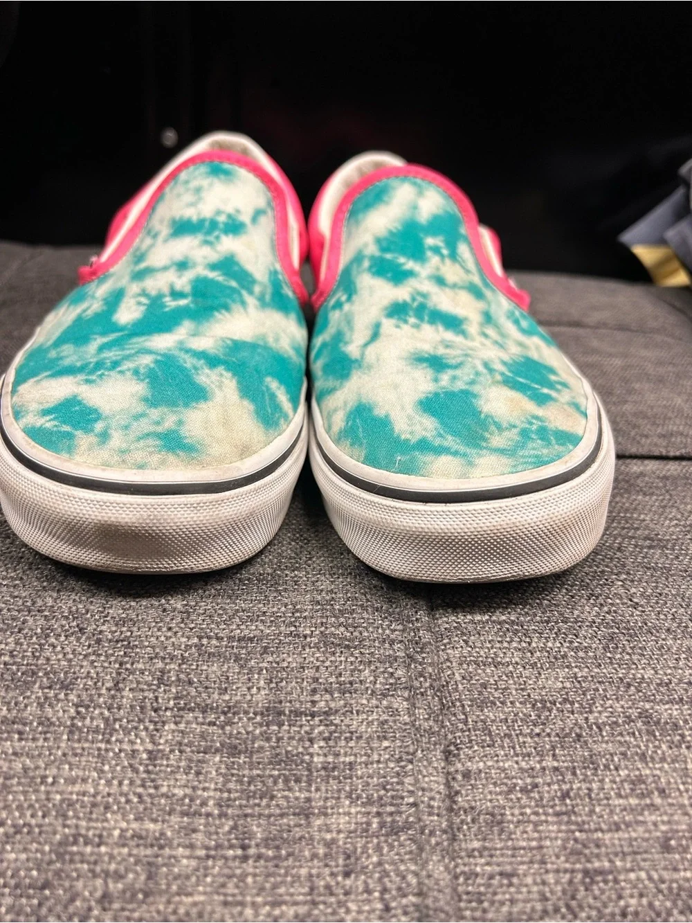 Vans Custom Slip-On Sneakers in Teal & Hot Pink. Size 9.5 men’s. Gently worn